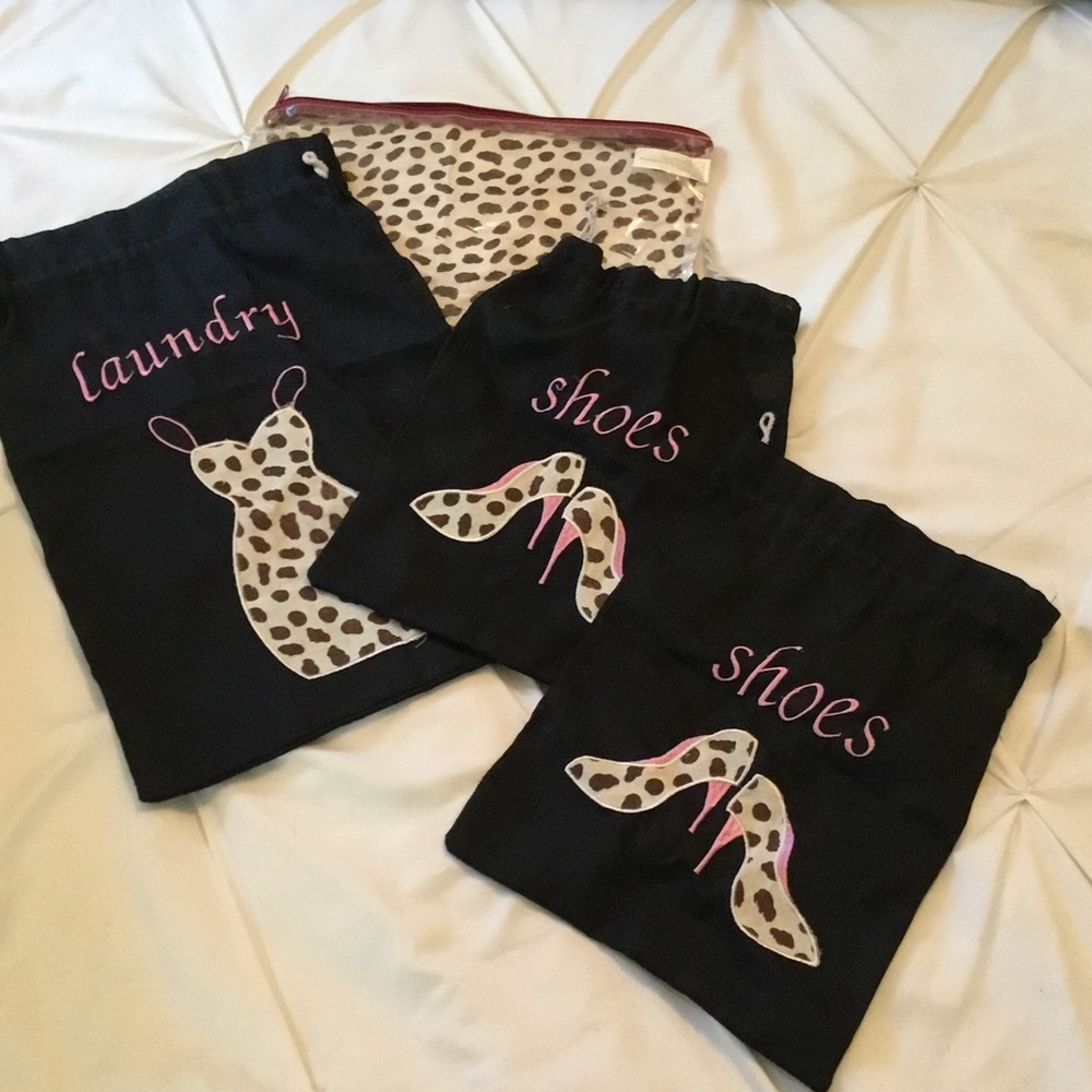Travel Laundry & Shoe Bags Set - Black with Leopard Print and Pink Accents